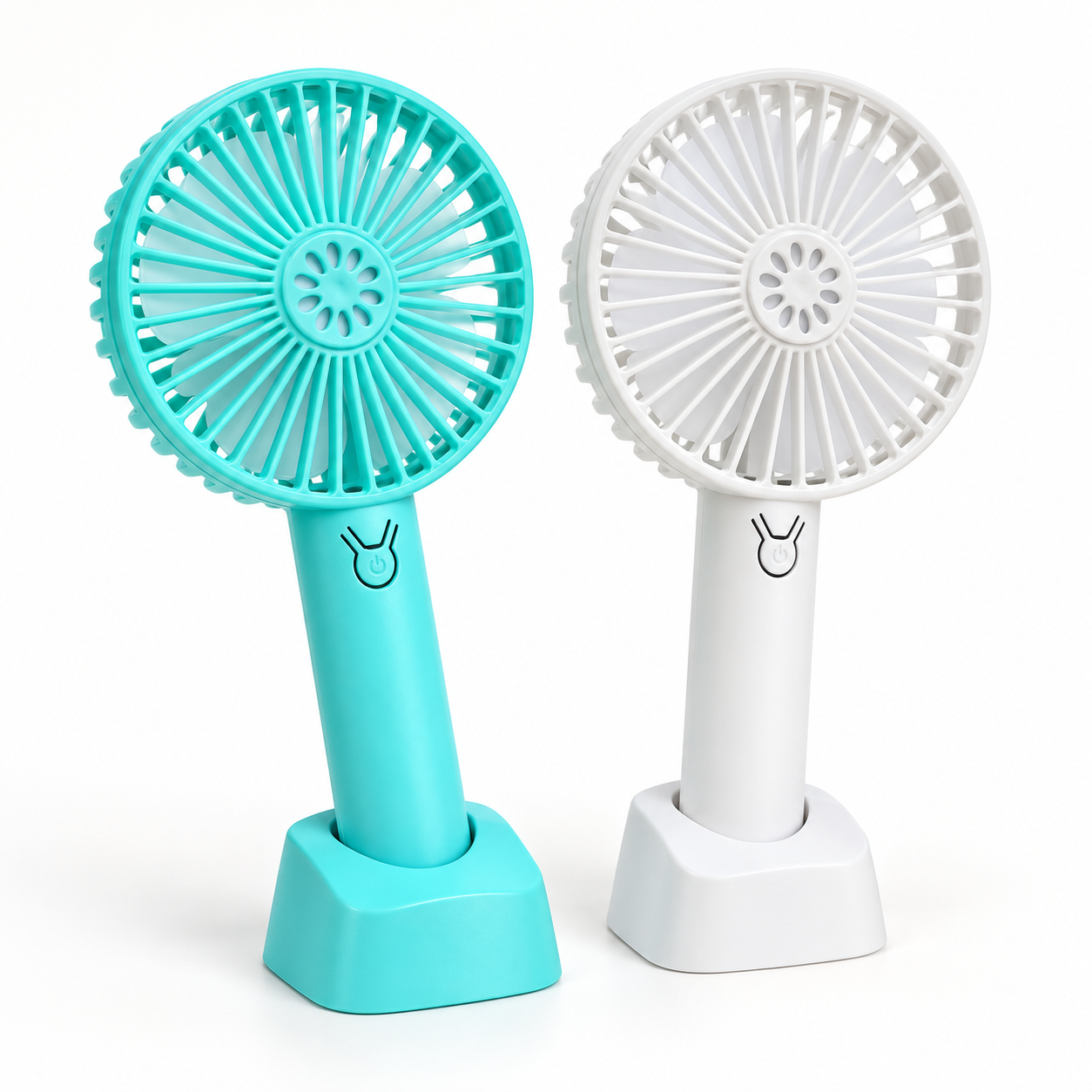 Larger regular turquoise and white rechargeable handheld fans with stands