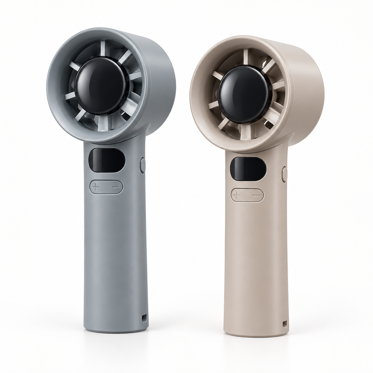 Smaller higher-quality grey and taupe rechargeable handheld fans