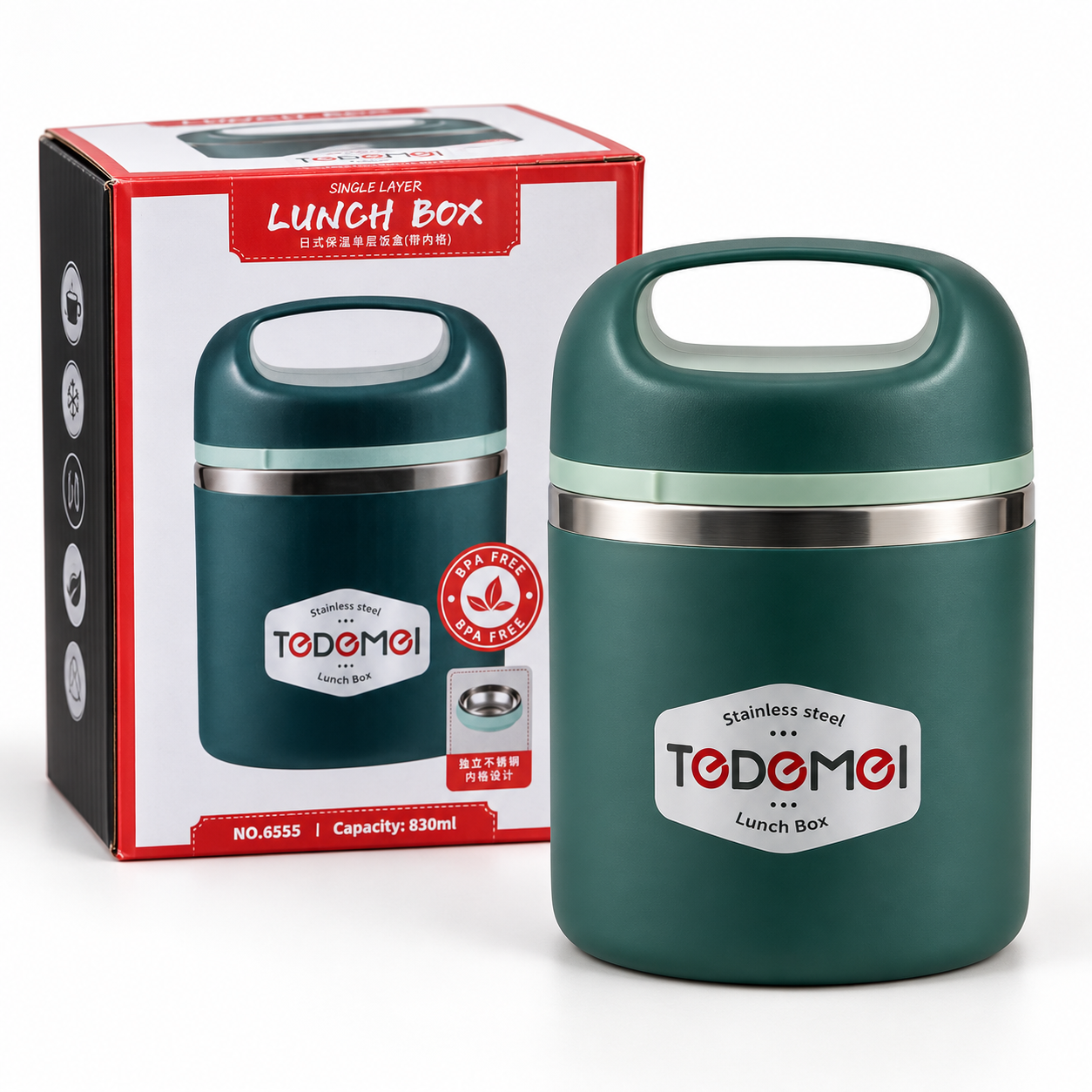 Green 830 ml insulated food flask with carry handle