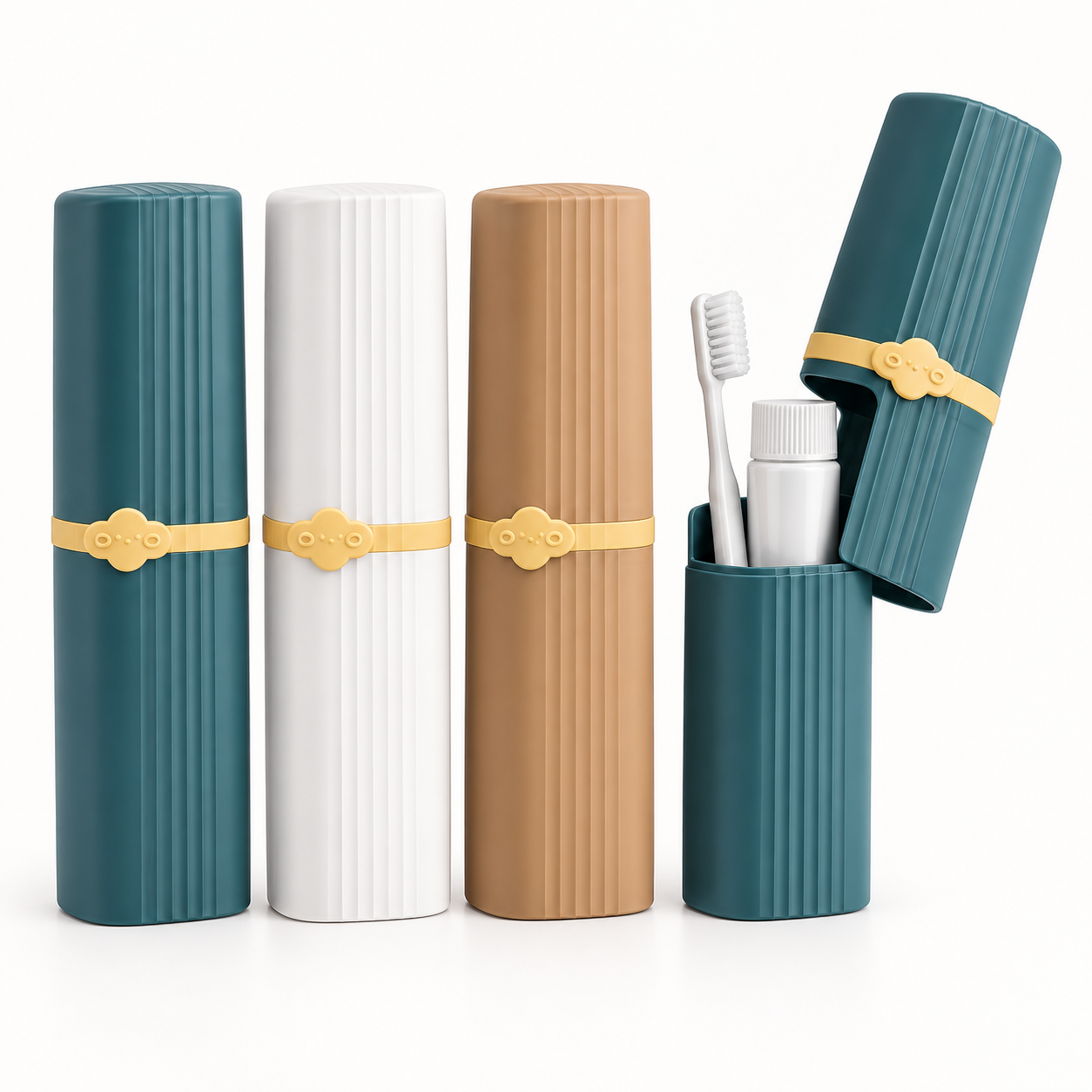 Teal white and tan toothbrush and toothpaste travel holders